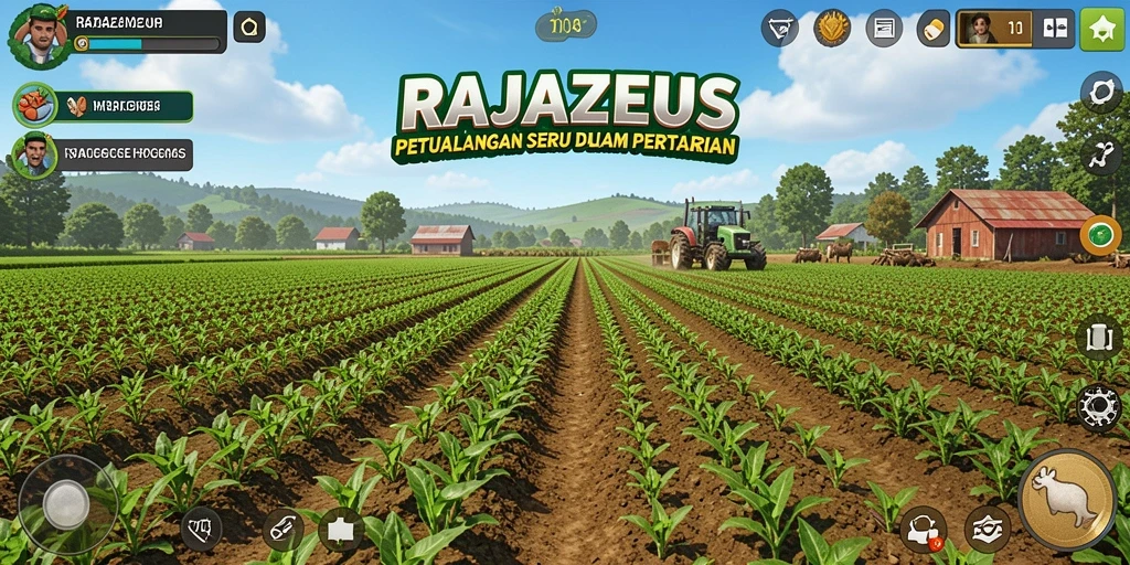 Screenshot gameplay RAJAZEUS yang menunjukkan kegiatan bertani yang seru.