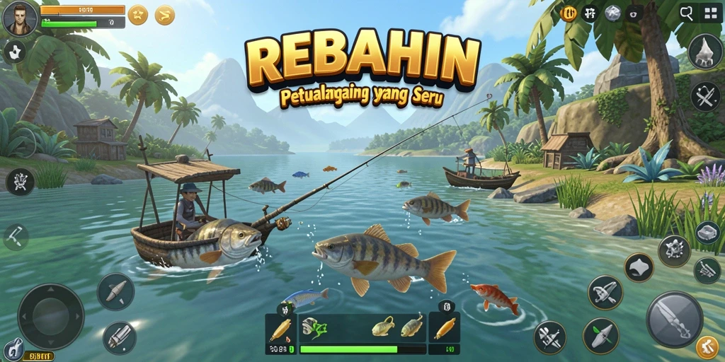 Gameplay seru dalam REBAHIN dengan berbagai teknik memancing.